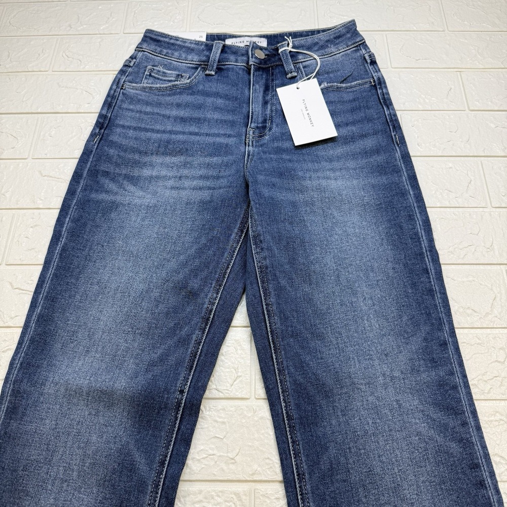 Flying Monkey Sean High Rise Straight Jeans Blue Raw Hem Size 25 NWT F6029